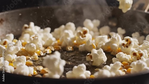 Close-up of yellow corn kernels rapidly popping into fluffy white popcorn in a hot skillet with steam rising.