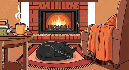 Cat fireplace cozy home interior relaxation comfort warmth reading coffee books