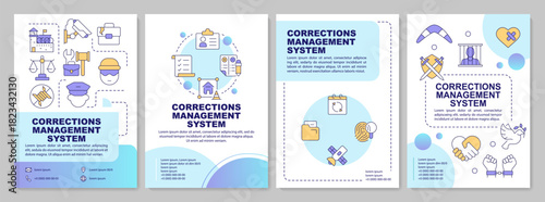Corrections management system blue circle brochure layout. Penitentiary network. Leaflet advertising design with color line icons. Editable 4 pages. Arial-Bold, Myriad Pro-Regular fonts used
