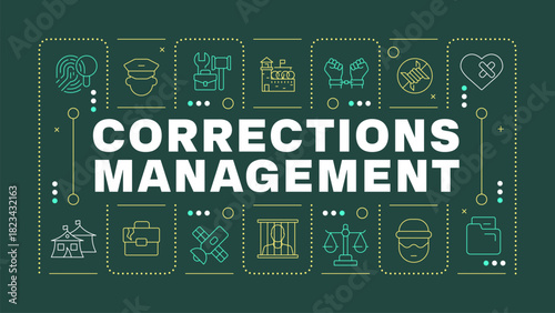 Corrections management pine green word concept. Imprisoned criminals custody and rehabilitation. Horizontal vector image. Headline text surrounded by editable outline icons. Hubot Sans font used