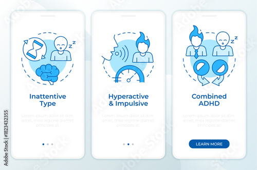 ADHD blue onboarding mobile app screen. Personal energy. Walkthrough 3 steps editable graphic instructions with linear concepts. UI, UX, GUI. Montserrat SemiBold, Regular fonts used