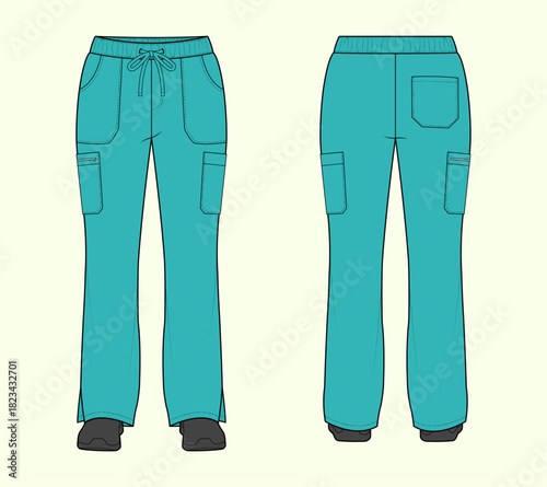 Medical Scrub Pants with Drawstring Waist and Side Slits Fashion Technical Flat Sketch