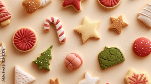 Assorted Christmas cookies with festive designs on a beige background.
