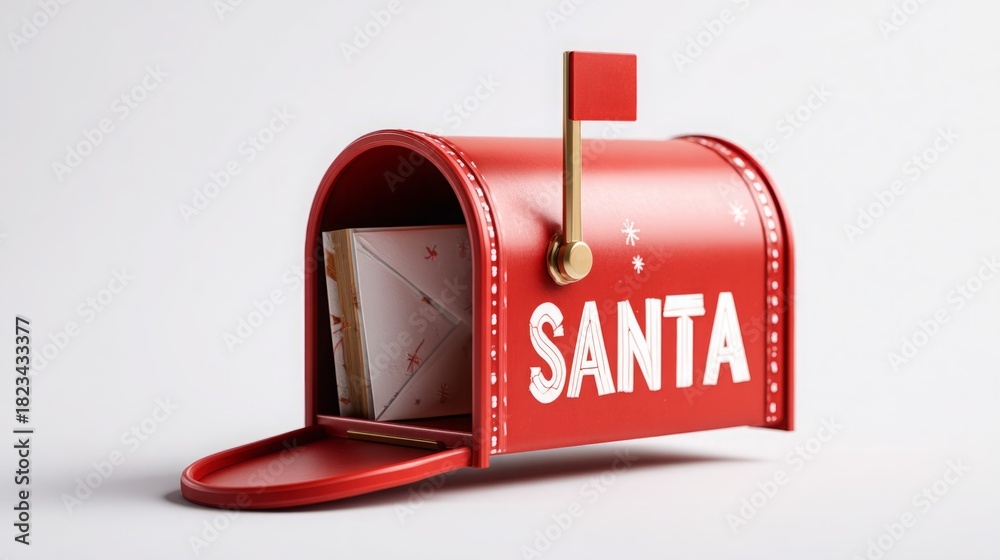Obraz premium Red Santa mailbox filled with letters on a white background, evoking holiday excitement.