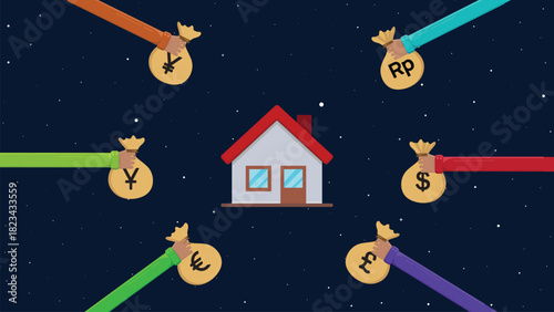 Flat Design Global Currency House Transaction Illustration with Colorful Hands Offering Money Bags Around Red Roof Home for Real Estate Finance Banner Background
