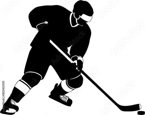 Silhouette of a hockey player skating with a stick, ready to play the game on the ice