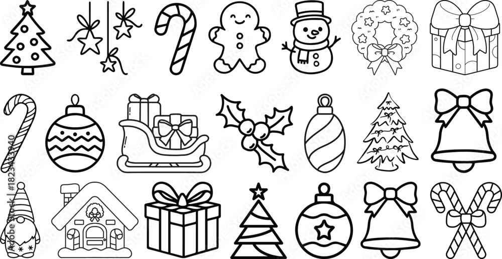 Obraz premium Christmas line icon set. New year, xmas, santa claus, christmas tree, holiday, gift, snowman, elf, angel. Outline vector icon in linear style. Conceptual pictogram collection.
