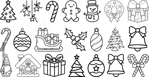 Christmas line icon set. New year, xmas, santa claus, christmas tree, holiday, gift, snowman, elf, angel. Outline vector icon in linear style. Conceptual pictogram collection.