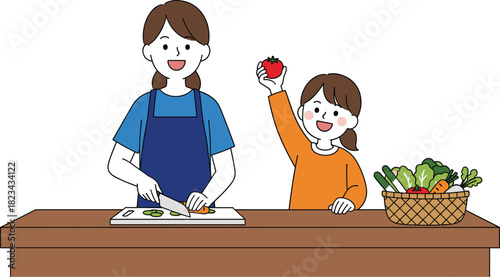 Mother and Daughter Cooking Together at the Kitchen Counter, Cutting Vegetables, and Preparing a Healthy Meal, Representing Family Bonding and Child Education.