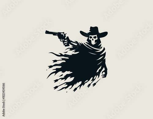 Dramatic black silhouette of an intimidating cowboy skeleton phantom wearing a western hat and tattered cloak, aggressively firing dual revolvers while being pierced by multiple arrows