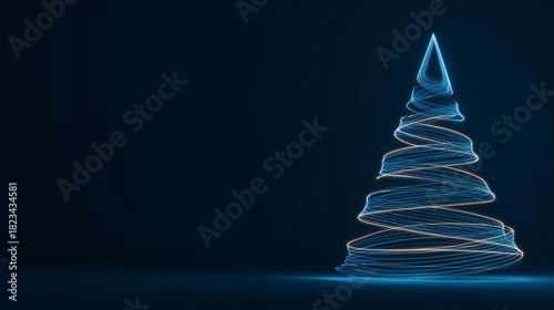 Abstract Christmas tree made of swirling light trails against a dark blue background.