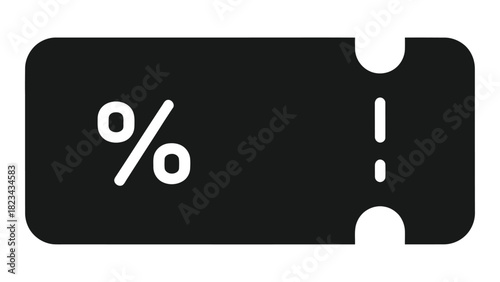 Black discount coupon or voucher icon with percentage symbol and tear-off line for promotional offers and special deals.