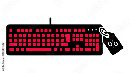 Black gaming keyboard with glowing red keys and a promotional discount tag, symbolizing online sales and tech deals