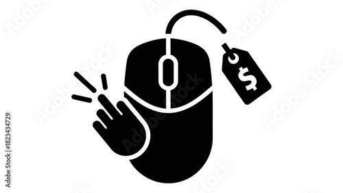 Computer mouse with a hand cursor clicking, attached to a price tag, representing online shopping and discount offers.