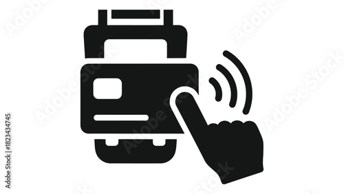 Contactless debit card payment icon showing a hand tapping a card on a payment terminal for quick, secure transactions.