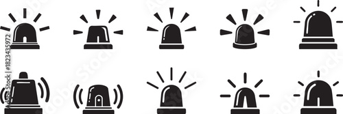 A collection different siren icons, each depicting a flashing light with radiating lines to symbolize emergency or alert.