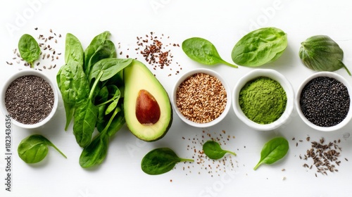 Healthy superfoods including avocado, spinach, seeds, and green powder on a white background.