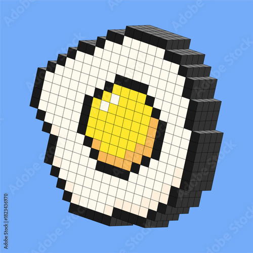 3D Pixel Fried Egg Illustration. Playful 3D pixel fried egg with white base and bright yellow yolk in fun block voxel style for food themed digital designs