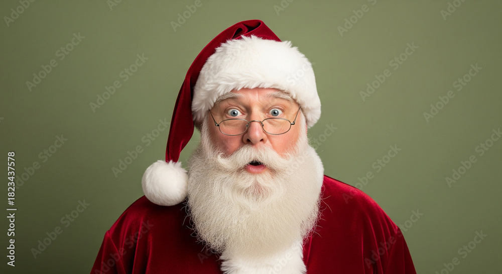 Naklejka premium Surprised Santa Claus Portrait with Green Background for Christmas