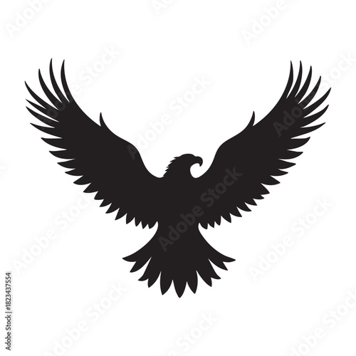 Strong eagle silhouette soaring boldly above crisp white empty sky