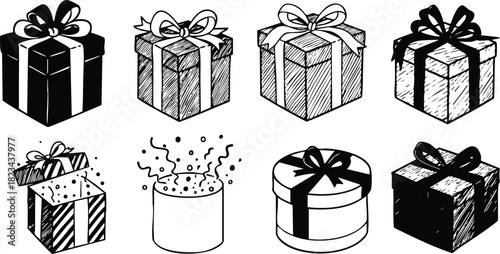 Gift boxes with ribbons and bows in various shapes and styles vector illustration for celebration and decoration purposes 