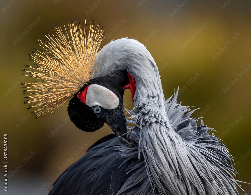 Obraz premium Close-up of a bird with a crown, feathers, and a red neck