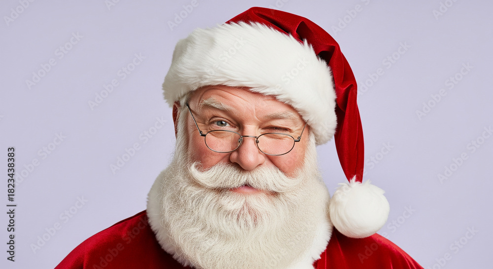 Naklejka premium Cheerful and friendly Santa Claus with a magnificent white beard winking playfully at thecamera in a festive holiday portrait