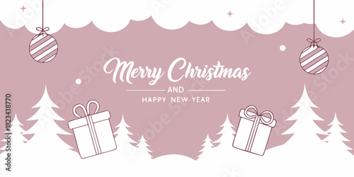 A soft, elegant, and horizontally-oriented Christmas and New Year greeting card or banner, distinguished by its unconventional pastel color palette.