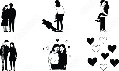 Romantic couples and heart shapes vector illustrations showing love and affection in black silhouette style 