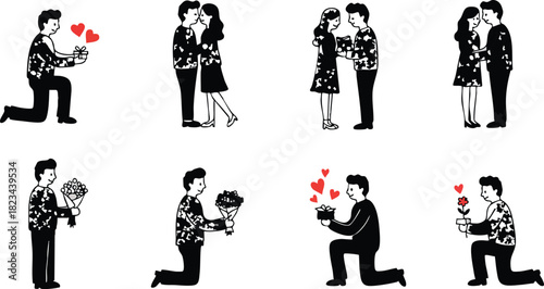 Romantic couple in love with symbolic hearts and flowers expressing affection in black and red vector illustration 