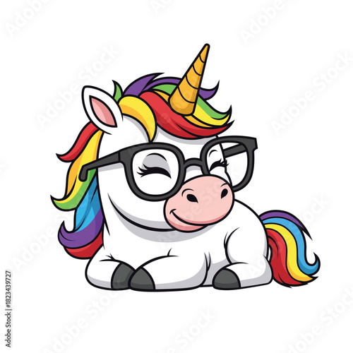 Cute Cartoon Unicorn Wearing Glasses, Rainbow Mane and Tail, Lying Down vector cartoon illustration
