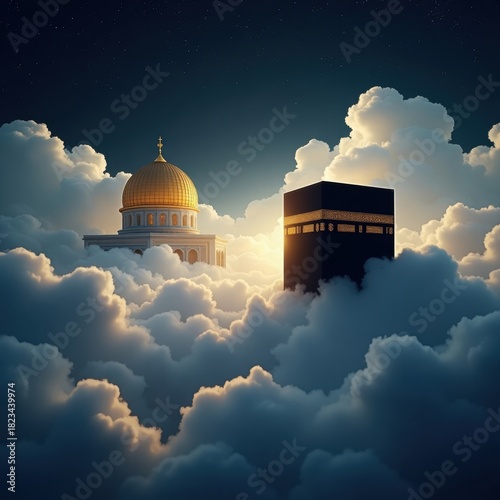 Sacred islamic sites kaaba and dome of the rock amidst dramatic clouds at sunset