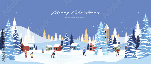 Christmas and Happy New Year winter village vector background with snowy trees, festive houses, people and snowman — peaceful holiday greeting card design and wallpaper