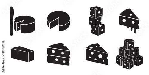 Set of black and white icons depicting various types of