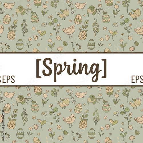 Hand drawn spring seamless pattern with cute birds flowers and Easter eggs on a green background.