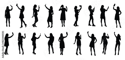 Set of woman taking selfie with phone silhouettes