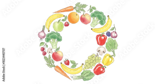 Hand drawn watercolor wreath of fresh fruits and vegetables.