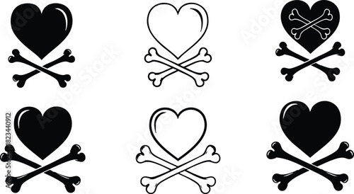 Heart and crossbones icons set in black and white vector illustration design for graphic resources and symbol usage 