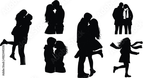 Romantic couple silhouettes in various kissing and hugging poses vector illustration in black and white 