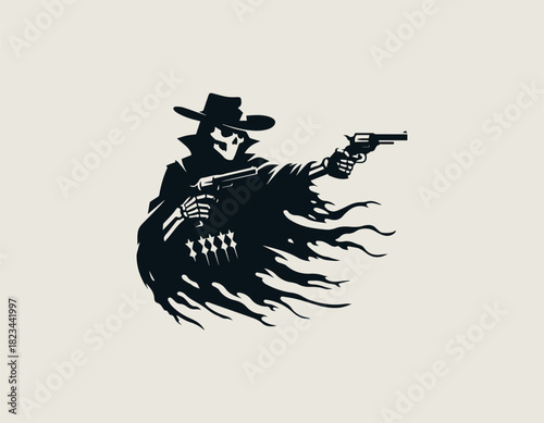 Dramatic black silhouette of an intimidating cowboy skeleton phantom wearing a western hat and tattered cloak, aggressively firing dual revolvers while being pierced by multiple arrows
