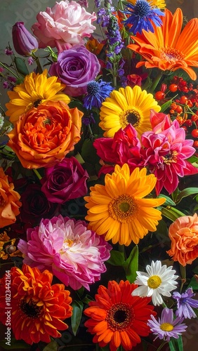 Close-up of a colorful and vibrant bouquet of many different flowers