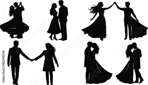 Silhouettes of Dancing Couples Romantic Dance Poses Vector Illustration in Black and White 