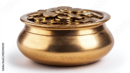 A golden pot filled with shiny gold coins against a white background.