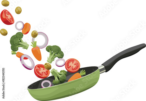 Fresh Mixed Vegetables Levitating Above a Frying Pan Vector Illustration, Featuring Broccoli, Tomatoes, Carrots, and Olives for Healthy Cooking and Stir-Fry Concepts.