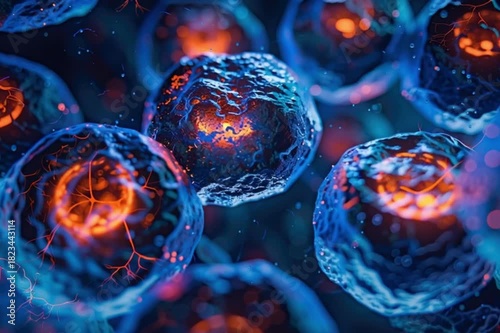 Macro view of human cells dividing under microscope with bioluminescent glow