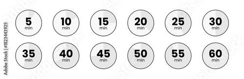 Minimalist Icon Set 5, 10, 15, 20, 25, 30, 35, 40, 45, 50, 55, 60 Minutes Countdown Graphics for UI Design