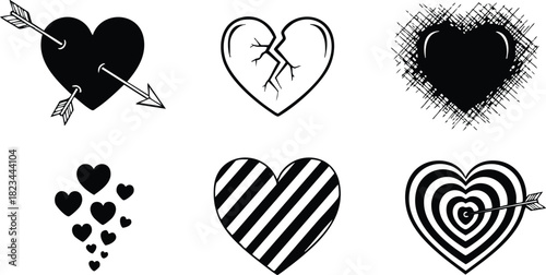 Heart icons set with love, romance, broken heart, arrow, and striped patterns vector illustration 