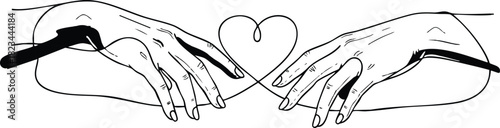 Human hands reaching out with heart shaped wire connection symbolizing love and connection in minimalistic vector design 