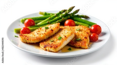 A delectable plate featuring breaded fish fillets, accompanied by vibrant green asparagus spears and juicy red cherry tomatoes, creating a balanced and appetizing culinary presentation.