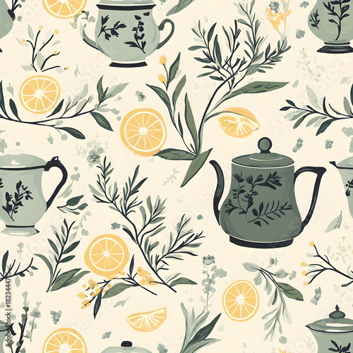 A seamless tea pattern featuring teapots, herbs, and citrus slices drawn with simple thin lines, arranged in a delicately balanced and symmetrical composition in calm green and cream tones, creating.